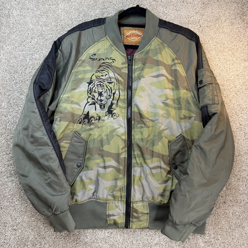 Y2K Red Camel Jacket Mens XL Green Camo Nylon Bomber Tiger Embroidered Zip